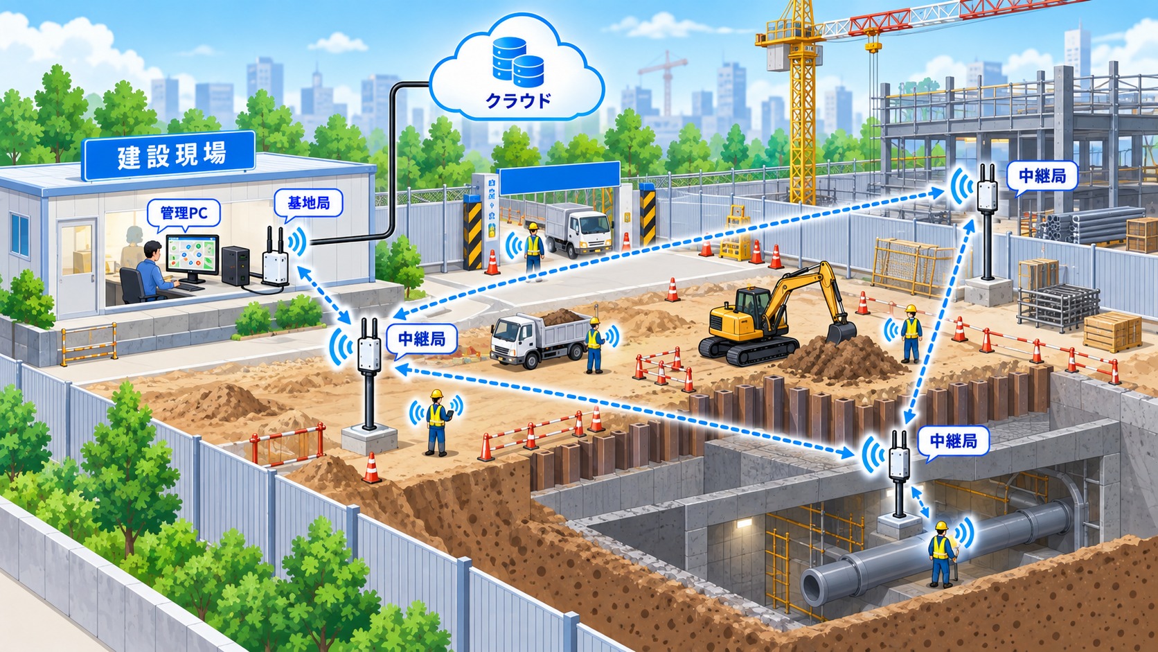 工事現場全体で作業者や設備の位置を認識するイメージ