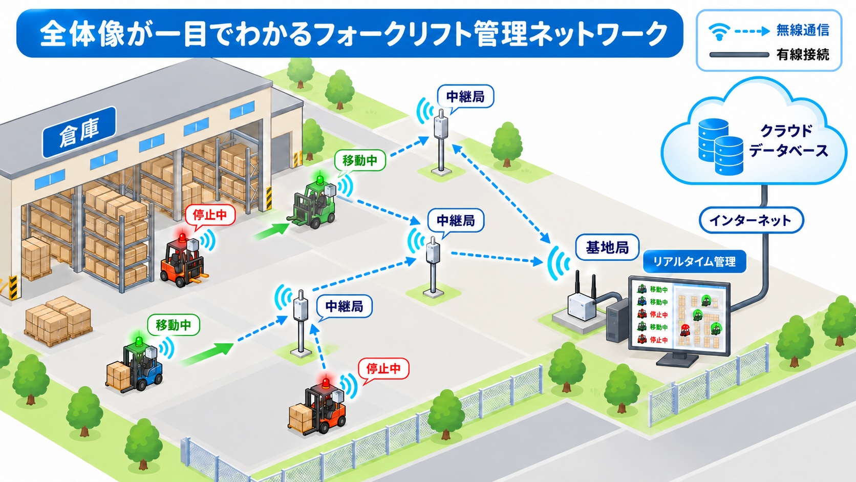 フォークリフト管理の位置認識ネットワーク図