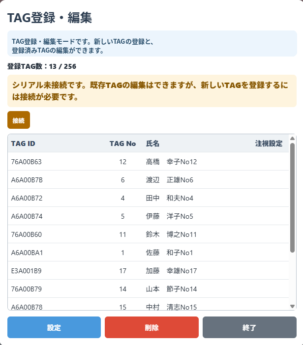 点呼システム TAG登録・編集画面